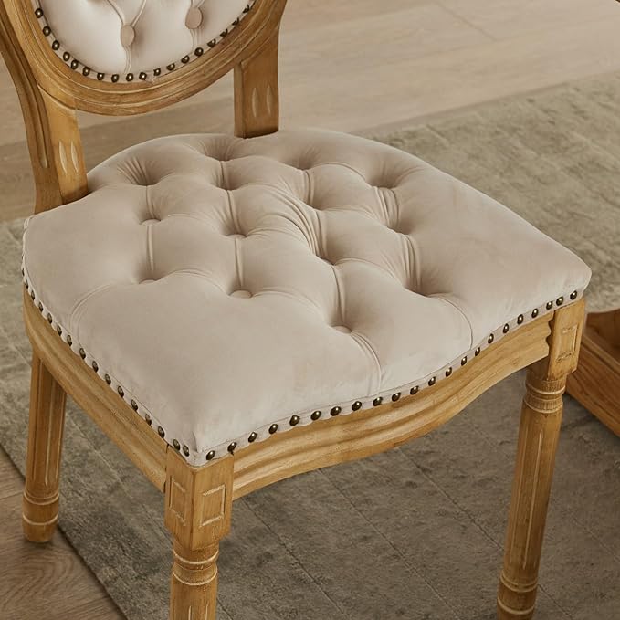 SoarFlash French Velvet Dining Chairs Set of 6, Vantage Dining Chair with Round Back, Wood Leg Farmhouse Country Dining Chair for Kitchen,Bedroom,Beige
