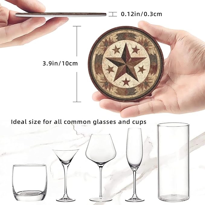 Western Cowboy Coasters for Drinks with Holder Round Leather Coasters Set of 6 Cups Mugs Mat Pad for Home Kitchen Bar