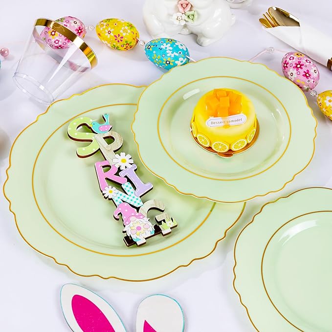 Liacere 350PCS Light Green Plates - Disposable Green and Gold Plastic Plates 50guest Baroque Dinnerware include 100Plates,50Pack Pre Rolled Napkins with Silverware 50Cups for Wedding ＆ Easter Day