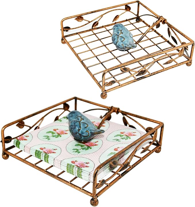 OwlGift Collection Set of 2 Bronze Coated Metal Flat Napkin Holder Dispensing Stand w/Ceramic Bird, Kitchen and Countertop Flat Napkin Storage Organizer