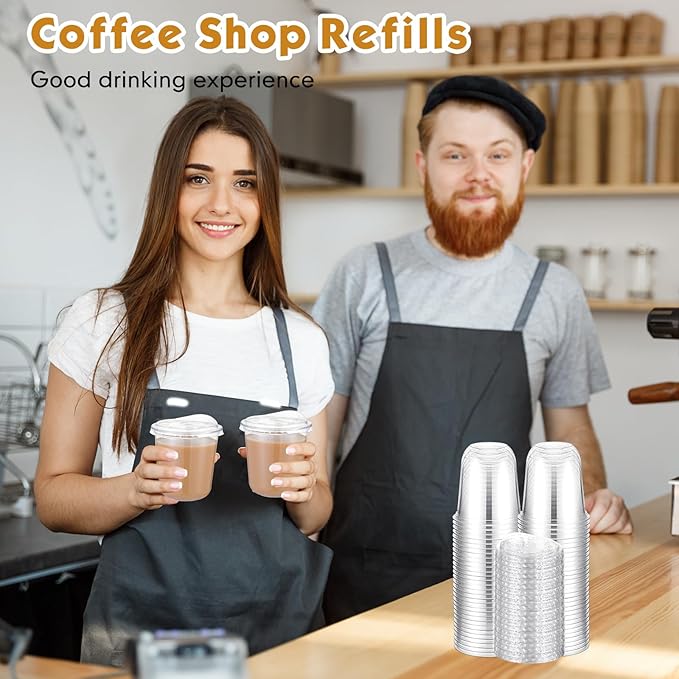 100 Sets 12 oz Clear Plastic Cups with Strawless Sip Lids, Thickened Clear Disposable Plastic Pet Crystal Cups for Iced Coffee, Smoothie, Cold Beverage, Drink Shops and Party Catering