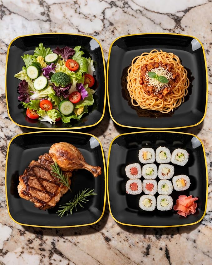 bUCLA 100PCS Black Plastic Plates with Gold Trim - Heavy Duty Black Gold Square Plates Disposable - Include 50 Each (Dinner & Dessert) for Party & New Year