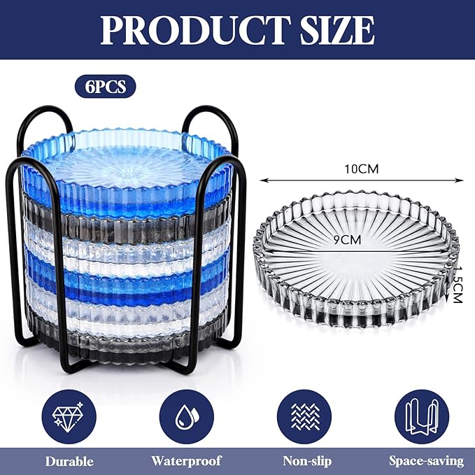 Remerry 6 Pcs Clear Crystal Coaster Set with Holder Glass Coasters for Drinks 4 Inch Drinks Crystal Round Cup Coasters Coffee Table Decor for Office Kitchen Bar Restaurant Patio (Classic Colors)