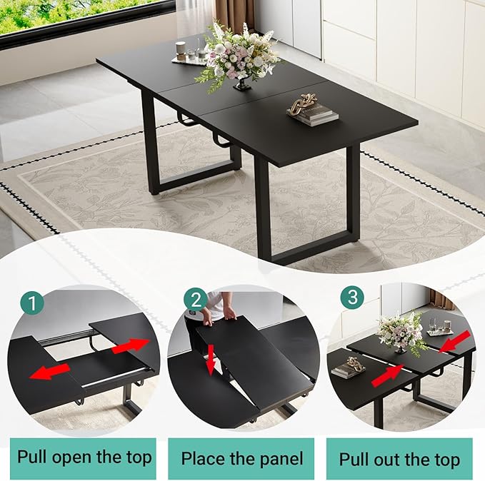 Extendable Dining Table Set for 4, 55"–71" Modern Black Kitchen Table with 4 Upholstered Chairs, Space-Saving for Living Room Apartment, Sturdy & Comfortable, Easy Assembly
