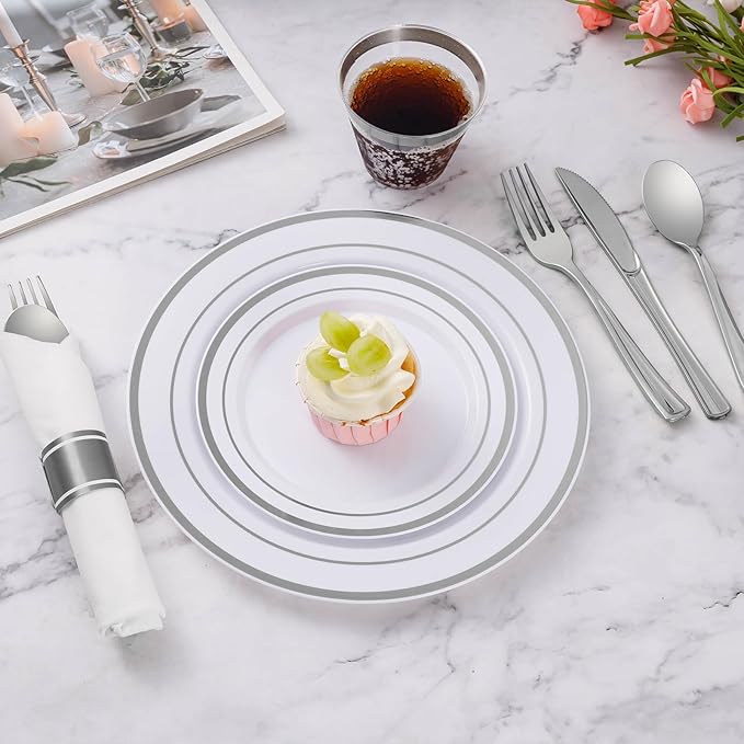 Goodluck 700 Piece Silver Plastic Dinnerware Set for 100 Guests, Disposable Plates for Party, Include: 100 Dinner Plates, 100 Dessert Plates, 100 Pre Rolled Napkins with Silverware, 100 Cups