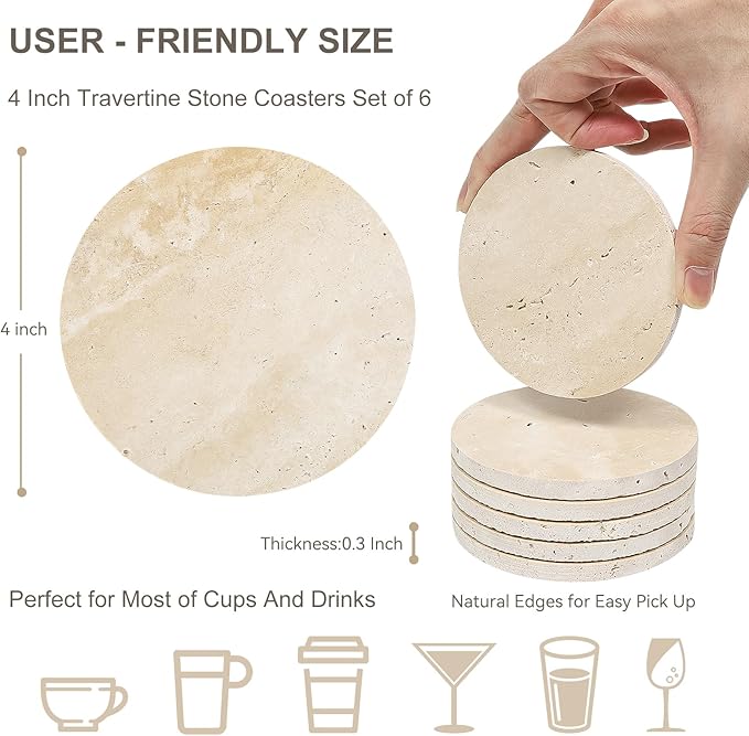 Italian Travertine Coasters Set of 6, Farmhouse Rustic Neutral Style Marble Drink Coasters for Coffee Table Decor, 4 Inch Round Porous Natural Stone Absorbent Coaster, Housewarming Gift
