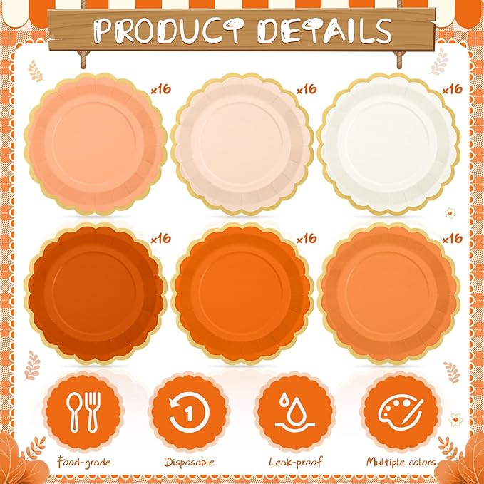 96 Pcs Beige-orange Peach Fall Paper Plates 9 Inch Gradient Scalloped Paper Disposable Dinner Dessert Plates for Birthday Wedding Bridal Party Supplies, 6 Colors