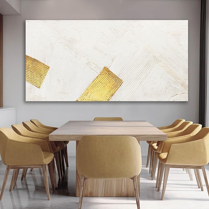 YJYart Large Canvas Wall Art Abstract Wall Decor White Modern Pictures Gold Hand Hand-Drawn Paintings For Home Office Hotel 29"x58"