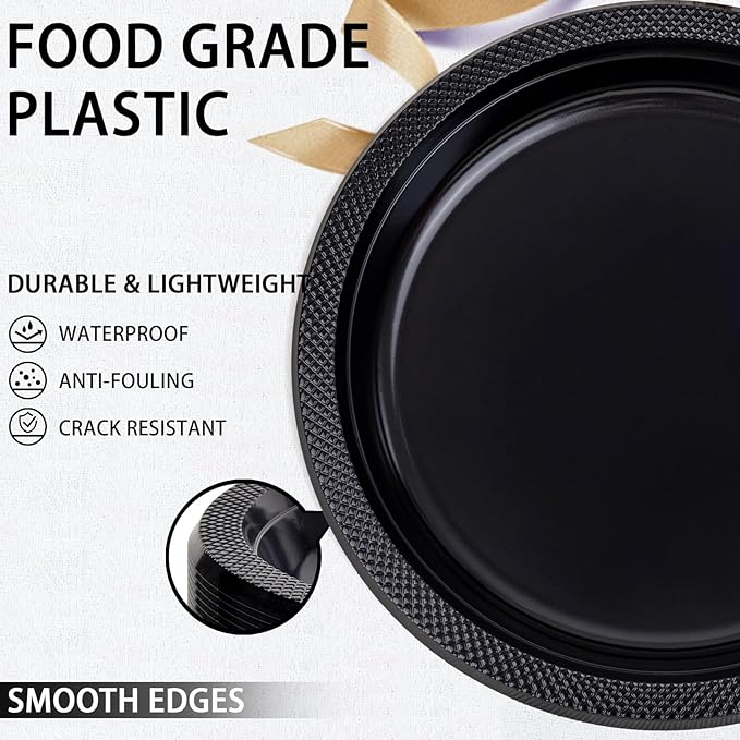 WELLIFE Black Plastic Plates 10 Inch -150 Count for Party, Plastic Disposable Dinner Plates for Easter Picnic BBQ