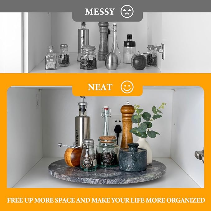 Koville 16'' Luxurious Natural Marble Lazy Susan Marble Turntable for Kitchen Dinning, Lazy Susans Organizer for Cabinet, Serving Rotation Spinning Tabletop Organizer Swiveling, Spice Rack Storage