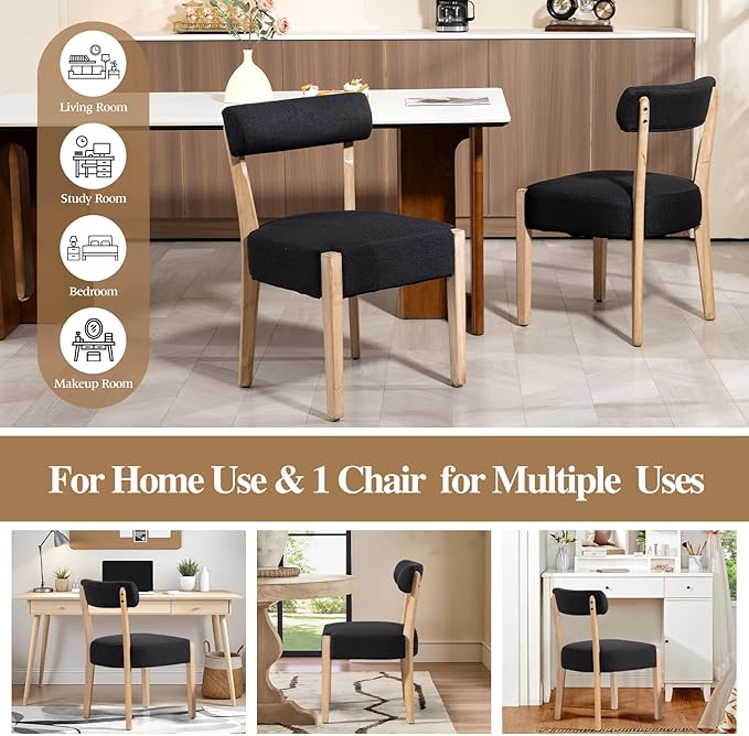 Dining Chairs Set of 6,Mid Century Modern Dining Chair Set - Linen Upholstered Low Back Kitchen & Dining Room Chairs with Woven Design,Black Fabric