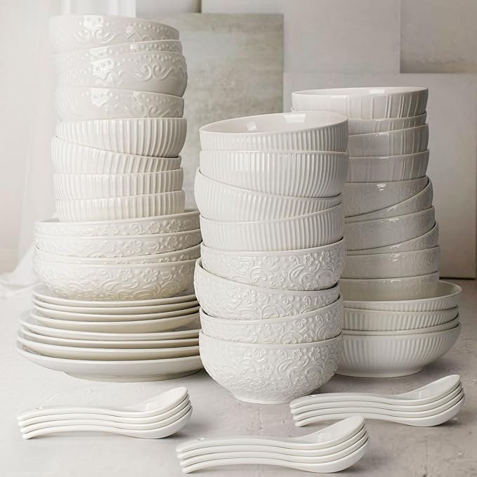 Artena Ceramic Cereal Bowls 26 oz, Embossment Soup Bowls Set of 4, White Salad Bowl for Kitchen, Dinner, Breakfast, Oatmeal, Rice, Pasta, Dishwasher Microwave Safe, 6 inch (Flower)