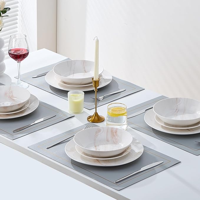 Bestone 12 Pieces Round Kitchen Dinnerware Sets,Plates and Bowls sets,Dishes, Plates, Bowls, Dish Set，Plates and Bowls,Service for 4, Orange and White Marble