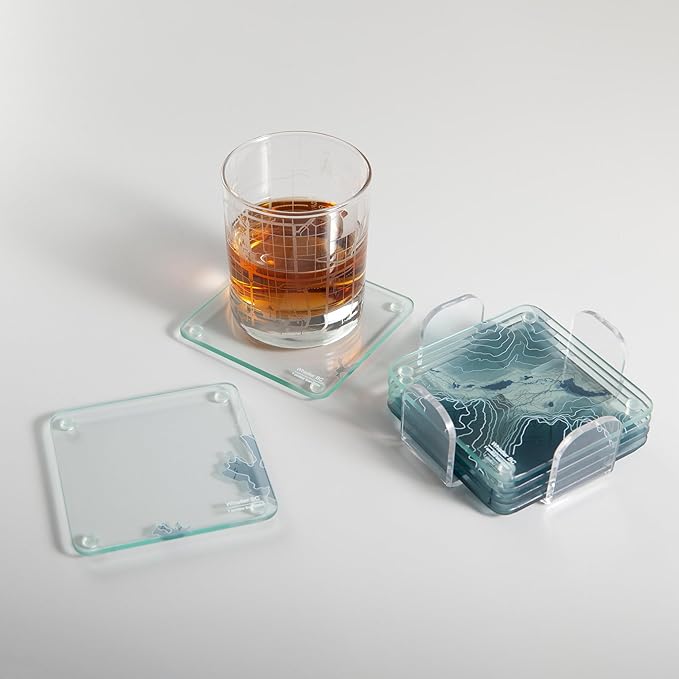 Whistler, BC 3D Contour Map Glass Drink Coasters of Mountains, Ski Resort, Set of 6 with Holder, Housewarming Birthday Gifts, Home Decor