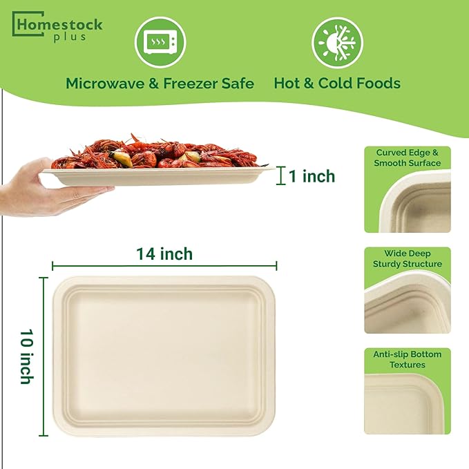 Disposable Plates 14 Inch Paper Tray -50 Pack Disposable Food Trays - Heavy Duty Large Paper Plates Compostable Sugarcane Platters Trays for Crawfish, Lobster, BBQ, Parties & Holiday FeastsTP