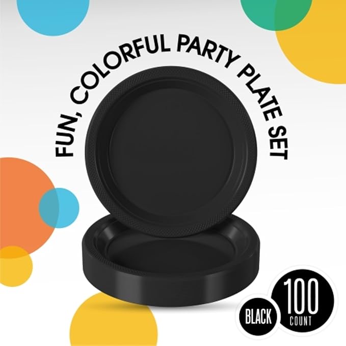 Black Plastic Plates For Party 9" Black Disposable Plates Heavy Duty 100 Pcs Plastic Dinnerware Sets Heavy Duty 350 GSM Disposable Dinnerware Set