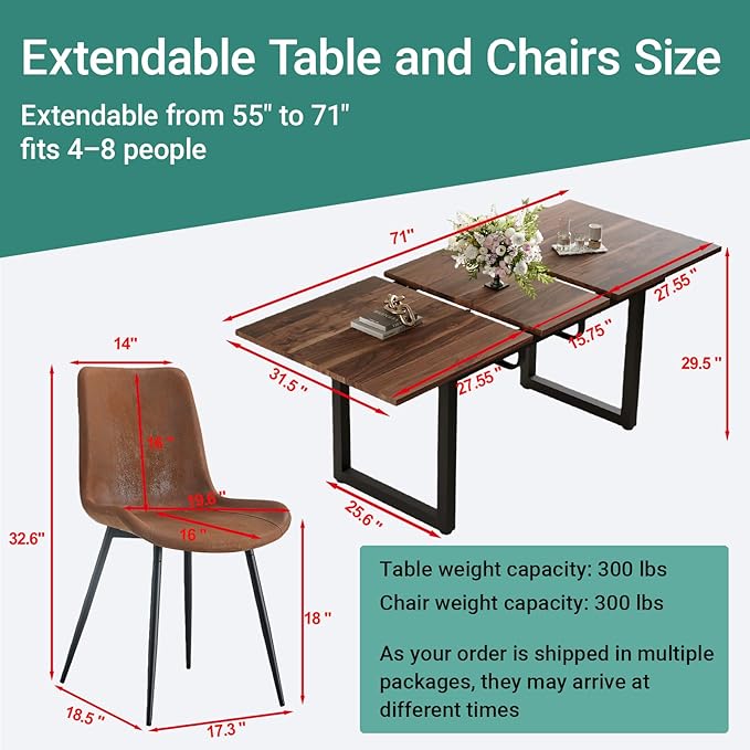 Extendable Dining Table Set for 4, 55"–71" Modern Wood Kitchen Table with 4 Upholstered Chairs, Space-Saving for Living Room Apartment, Sturdy & Comfortable, Easy Assembly