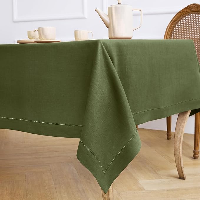 Solino Home Olive Linen Tablecloth 60 x 132 Inch - 100% Pure Linen Classic Hemstitch Table Cloth for Rectangle Tables - Machine Washable Tablecloth for Wedding, Parties, St Patricks Day