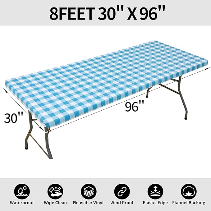 Smiry Rectangle Picnic Table Cloth, Elastic Waterproof Fitted Vinyl Tablecloths, Flannel Backed Buffalo Plaid Table Covers for Dining, Camping, Outdoor (White and Aqua, 30" x 96")