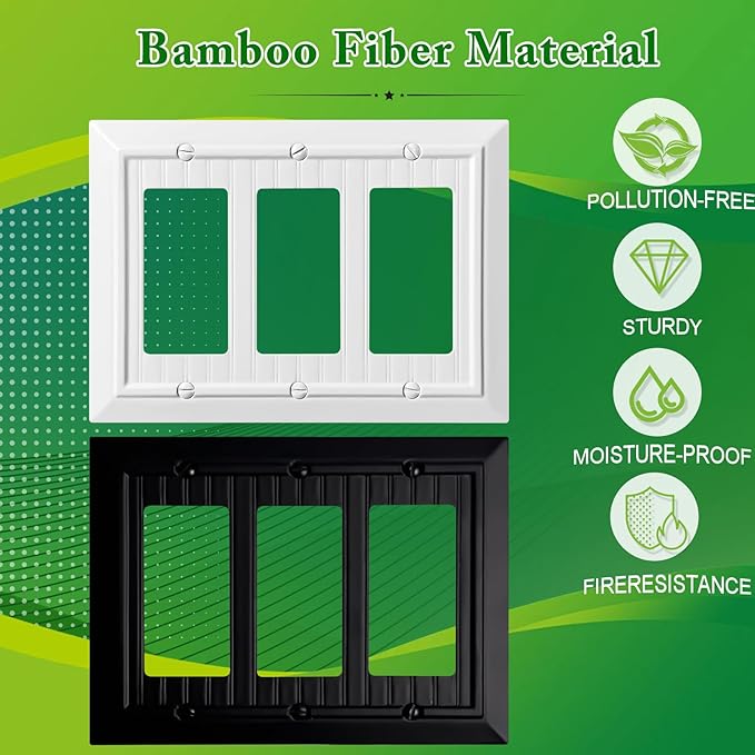 Beadboard Outlet Covers Wall Plates, Bamboo Fiber Light Switch Covers, Natural Material Electric Receptacle Decorative Switch Plate Outlet Cover (Pure White, 3 Gang Decorator 1 Pack)