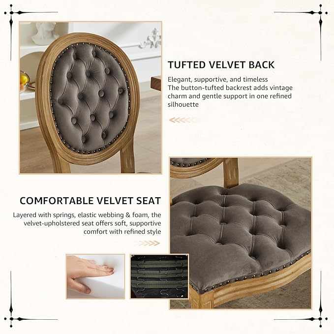 Vintage French Dining Chairs Set of 4, Round Back Velvet Upholstered Accent Chairs with Nailhead Trim and Solid Wood Frame, Elegant Sillas de Comedor for Dining Room & Kitchen, Gray