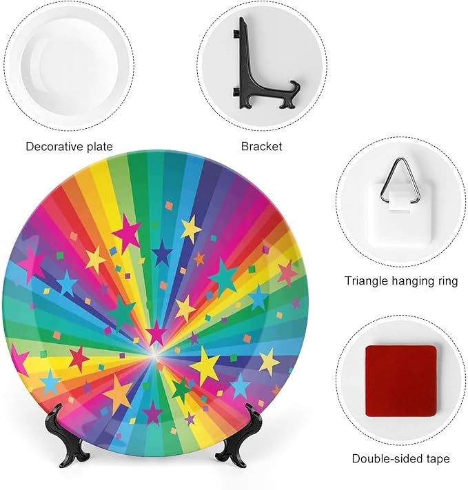 Decorative Plates, Abstract Decor Print Ornament, Abstract Rainbow and Stars Confetti Rays Striped, 8 Inch, Kitchen Wall Decor, Multy
