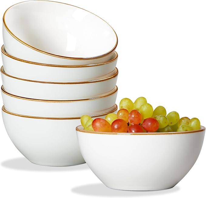 ONEMORE Ceramic Bowl Set of 6, 24 oz Soup Bowl Cereal Bowls with Brown Rim, Serving Bowls for Salad Snack Fruit Rice- Microwave Dishwasher and Oven Safe, Scratch Resistant - Cream White