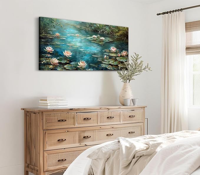 ADJUVANT Wall Art Impressionist Water Lily Pond 40" L x 20" W, Lotus Flower Canvas Painting Nature Artwork Green Water and Pink Blooms Prints Wall Decor for Living Room Bedroom Study Home Office