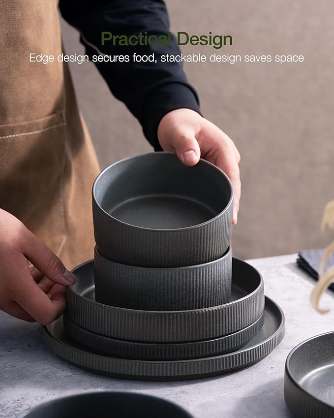 famiware Star Plates and Bowls Sets, Modern Stoneware Dinnerware Sets for 6, 18-Piece Kitchen Dish Set - Chip and Scratch Resistant, Microwave and Dishwasher Safe Tableware, Matte Dark Charcoal