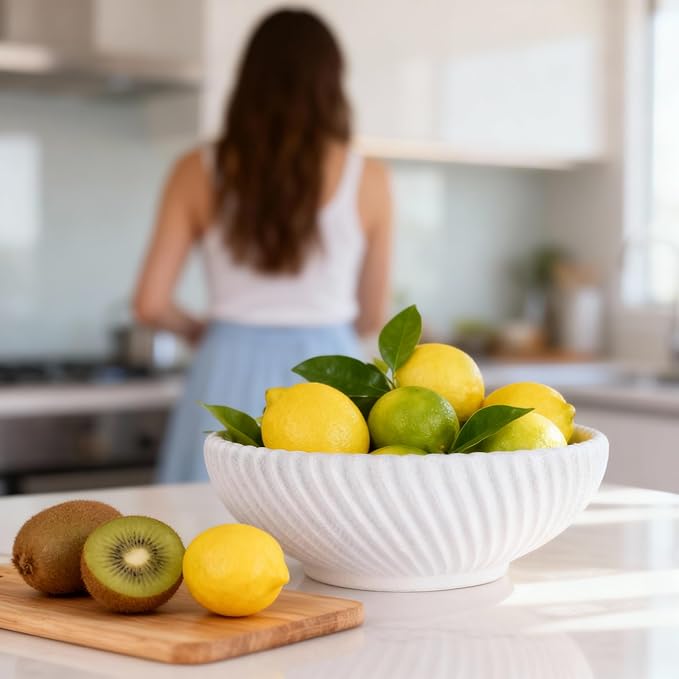 DOVDOV White Beveled Edge Decorative Bowl Large Modern Fruit Bowl Home Decor Bowl for Kitchen Countertops, Coffee Tables, or Entryway Tables Minimalist Key Holder and Centerpiece Fruit Bowl