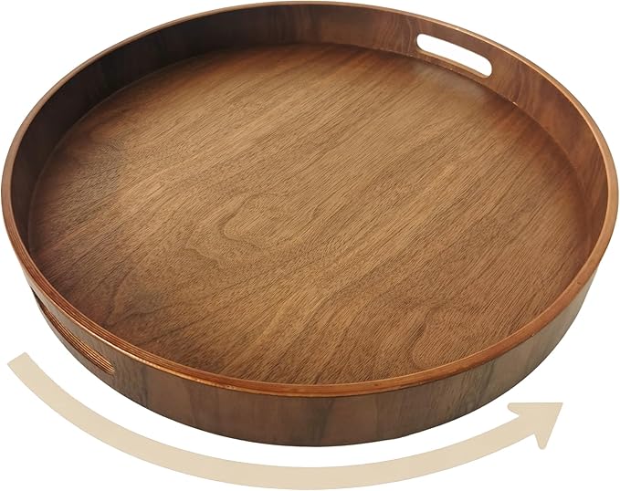 i-lan 16-inch Walnut Lazy Susan – Quiet Rotating Wooden Turntable with Dual Handles & Non-Slip Base, Kitchen Dining Organizer and Gift for Housewarming Special Occasions