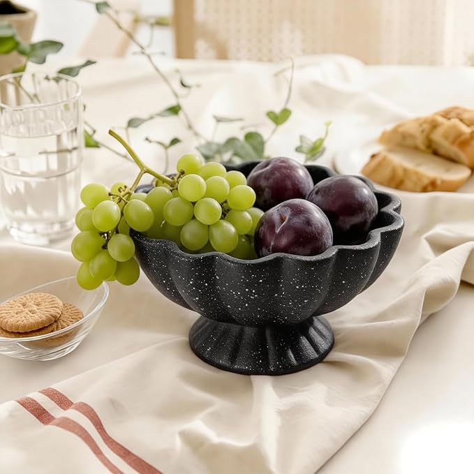 Pedestal Decorative Bowl Home Decor - Morden Handmade Decorative Fruit Bowl for Kitchen Counter, Chic Ruffle Bowl Centerpiece Decor for Dining Table Coffee Table (Starry Black