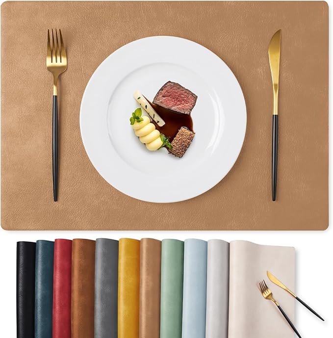 MOSAYT Vinyl Placemats Set of 4-12 X 17 Inch - Faux Leather 100% Waterproof Oil-Proof Wipeable PU Place Mats, Heat Resistant Reversible Table Mats for Kitchen, Dining, Outdoor (Camel)