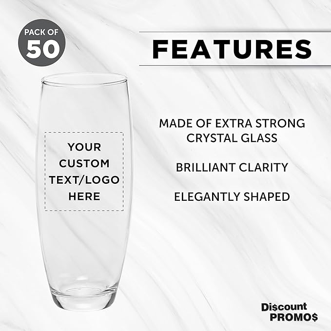 DISCOUNT PROMOS 50 ARC Stemless Champagne Flutes Set, 9 oz. - Customizable Text, Logo - Cachet, Glassware, Cocktails - Clear