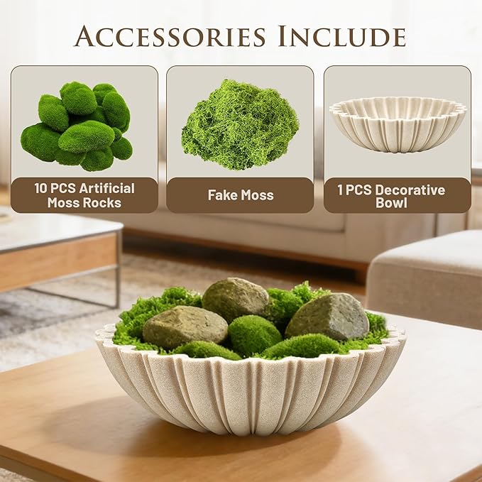 Modern Decorative Bowl for Home Decor - 10.6” Large Beige Resin & Sandstone Centerpiece Bowl for Entryway Table, Coffee Table, Kitchen Counter or Serving Fruit, Includes 10PCS Artificial Moss Rocks