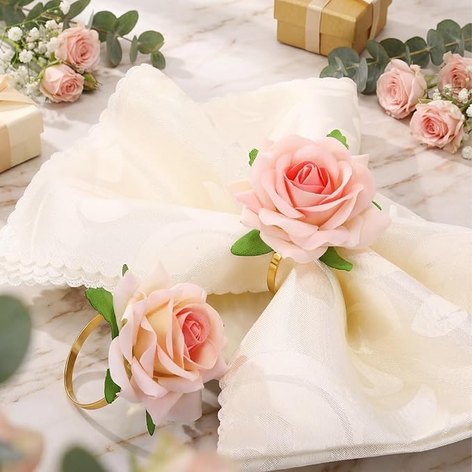 Honeydak 8 Set Valentine's Day Napkin Ring Rose Flower Metal Napkin Ring Designed with Rose Serviette Buckle for Valentine's Day Wedding Anniversary Party Dinner Table Decoration (Pink)