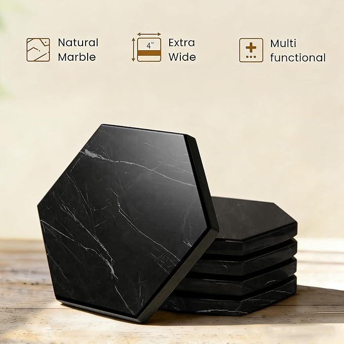 Natural Marble Coasters, Hexagonal Costers, Luxury Aesthetic Modern Decor for Coffee Table Bar Kitchen Home, Black Marble, Real Natural Semi Absorbent Stone Coasters