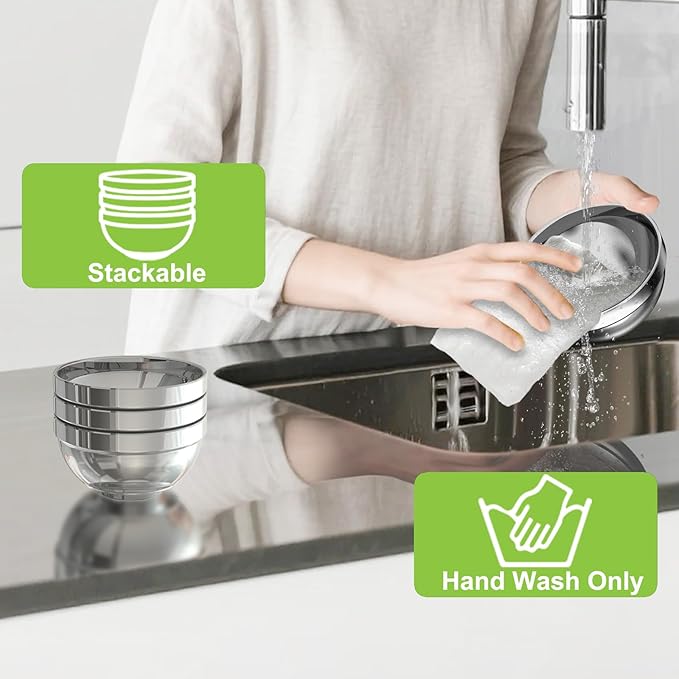 Stainless Steel Bowls, 6 Pack 5.1in 15.9oz 470ml Mini Small SUS304 Double Wall Insulated Stackable Metal Eating Bowl Containers for Serving Snacks Ice Cream Soup Cereal Food Rice Salad