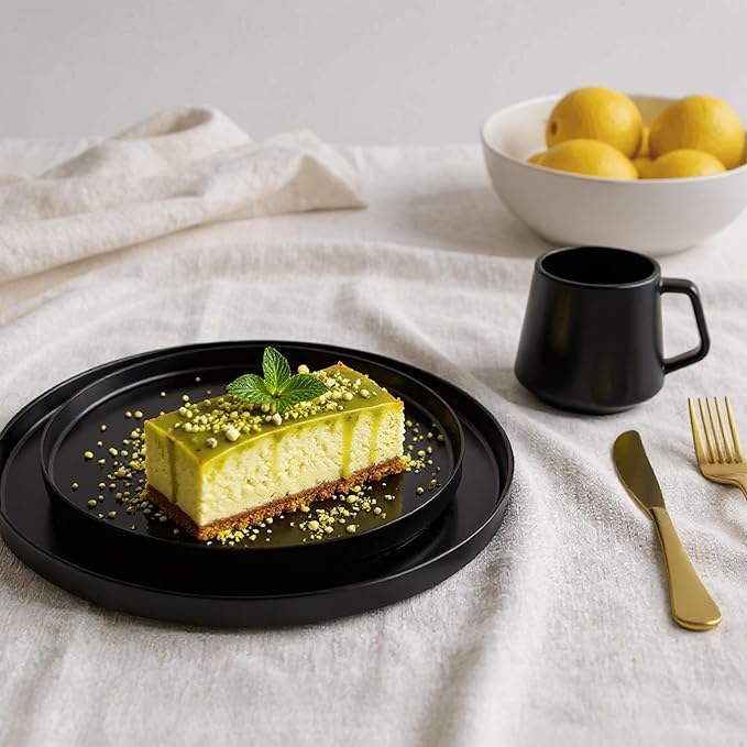 MIAMIO – Ceramic Dinner Plates Set for 4 People/Ceramic Dinnerware 4-Piece, Modern Stoneware, Dishwasher & Microwave Safe – Luxe Collection (Black, 10 Inch)