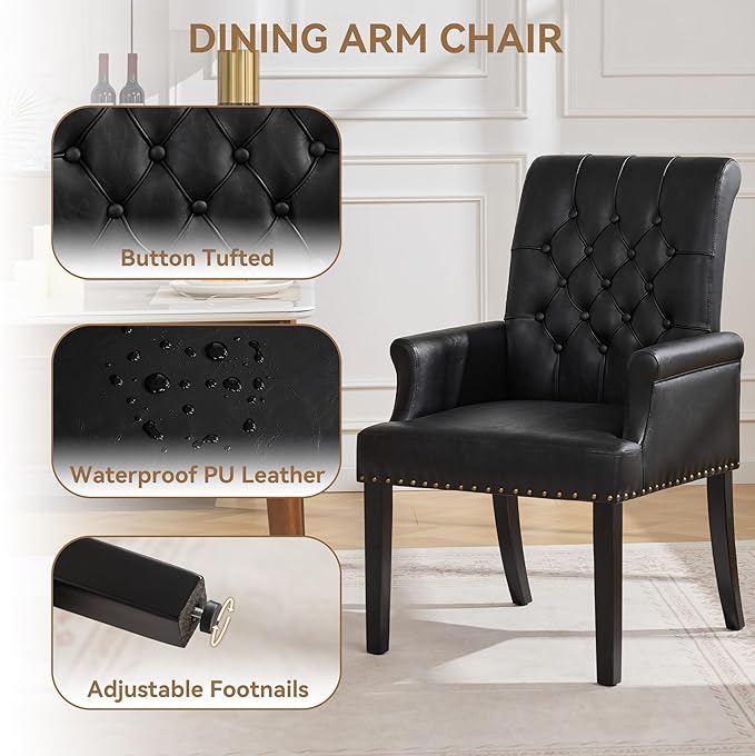 PU Leather Dining Chair with Arms, Upholstered Tufted High Back Dining Room Chairs, Accent Armchair with Solid Wood Leg and Nailhead Trim, Kitchen Dining Living Room, Black