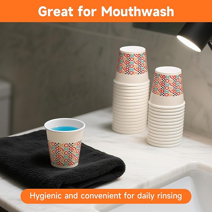 100 Pack 3 oz Bathroom Cups, Disposable Paper Cups with Rolled Rim, Small Paper Mouthwash Cup for Guest Bathrooms, Vanity & Office Use, Puzzle