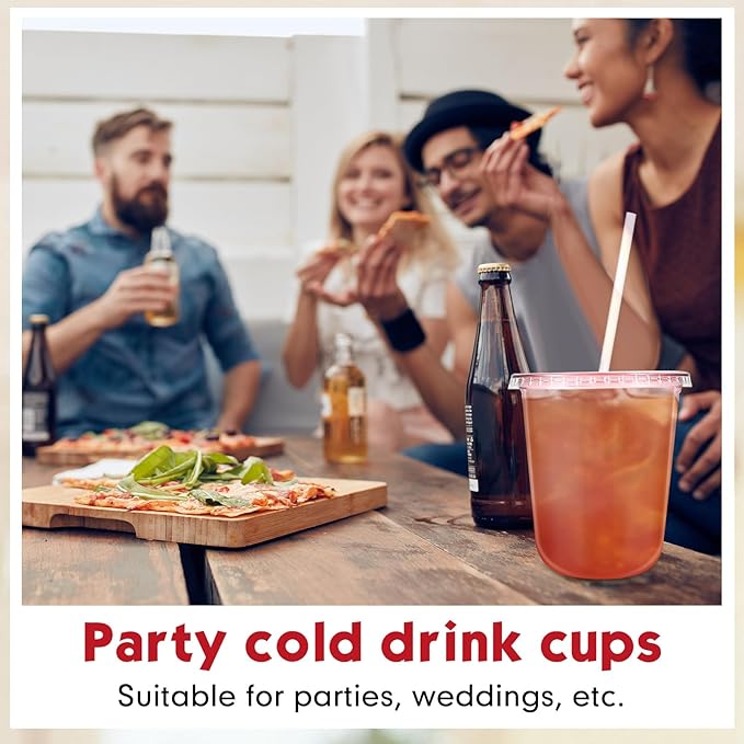 50 Sets Clear Plastic Cups with Lids and Straws, Disposable Iced Coffee Cups Drinking PET for Cold Drinks, Juice, Smoothie, Coffee Shops, Party, Christmas (Pink,14 oz)