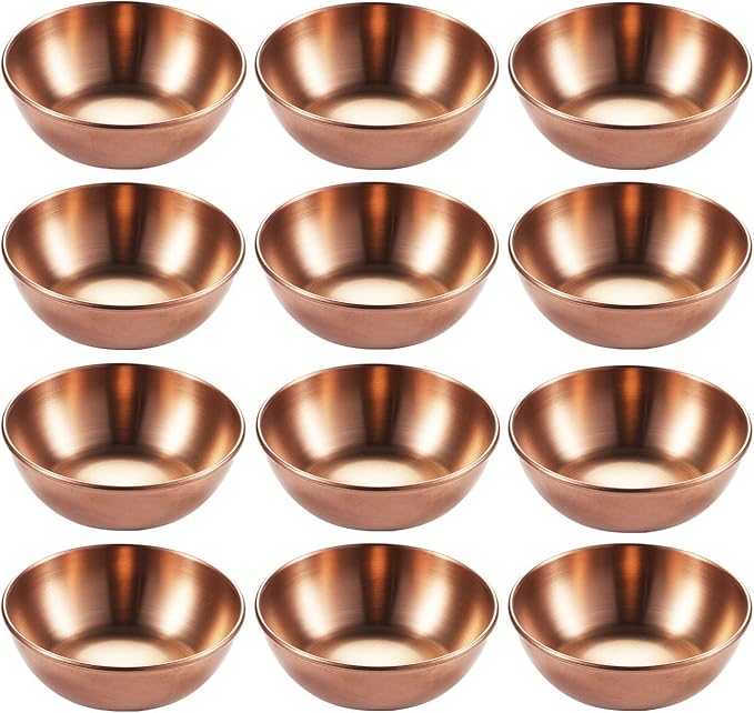 12 Pack Stainless Steel Sauce Dishes, Rose Gold Mini Saucers Bowl Round Seasoning Dishes Sushi Dipping Bowl Appetizer Plates, 3.15inch