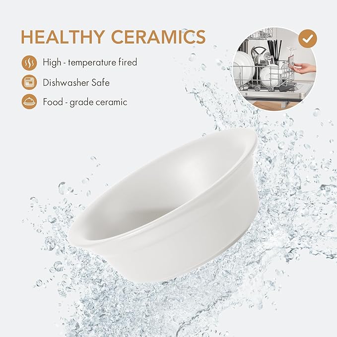 Ceramic 6.3-inch Raised Double-Bowl Set with Non-Slip Stand, 1.5 Cup Food or 15 oz Water Dishes for Small Dogs, Wide Opening with Rounded Edges(Matt White)