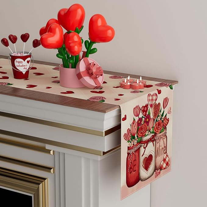 XCHI Roses Flowers Love Hearts Vase Valentine’s Day Table Runner Table Decoration for Party Home Kitchen Dining Dinner Holiday Decor 13x108 Inch