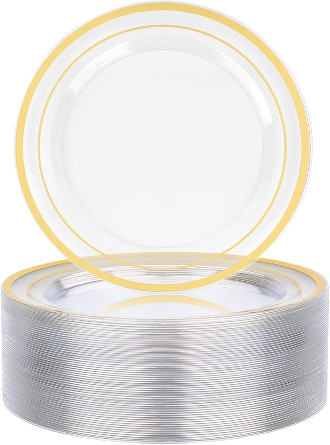 BESTVIP 50PCS 7" Clear Gold Plastic Plates, Disposable Salad Dessert Plate with Gold Rim for Christmas, Thanksgiving, Heavy Duty Disposable Plastic Plates for Party, Wedding and Birthday, Events