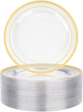BESTVIP 50PCS 7" Clear Gold Plastic Plates, Disposable Salad Dessert Plate with Gold Rim for Christmas, Thanksgiving, Heavy Duty Disposable Plastic Plates for Party, Wedding and Birthday, Events