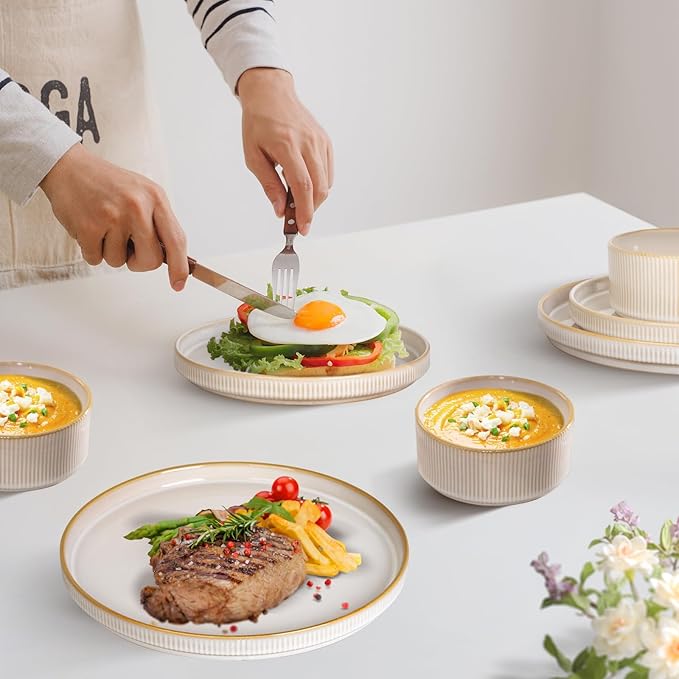 Romswi Stoneware 18Pcs Dinnerware Sets, Ceramic Plates and Bowls Set for 6, Chip & Scratch Resistant Ribbed Dish Set, Handmade Reactive Glaze, Oven, Microwave & Dishwasher Safe, Cappuccino White