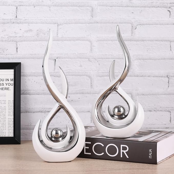 Ceramic Abstract 2 Piece Statue Set, White and Silver Home Decor Accents for Home Decor Statue Mantle Shelf Unique Decor, TV Cabinet Partition Table Top and Dining Table Centerpiece.