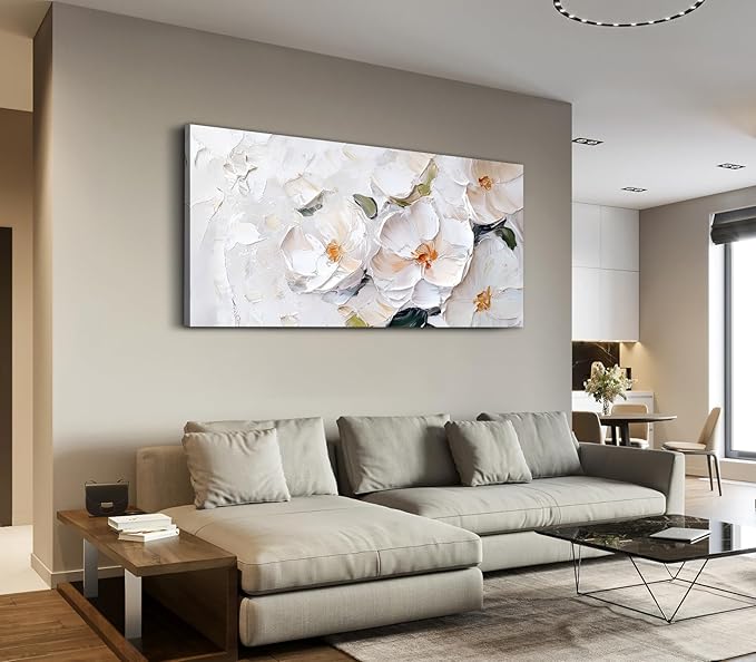 ADJUVANT Wall Art Impressionist Minimalist White Floral 60"L x 30"W, White Flowers With Subtle Tones Canvas Painting Delicate Petals Artwork Floral Wall Decor for Living Room Bedroom Bathroom Home Office